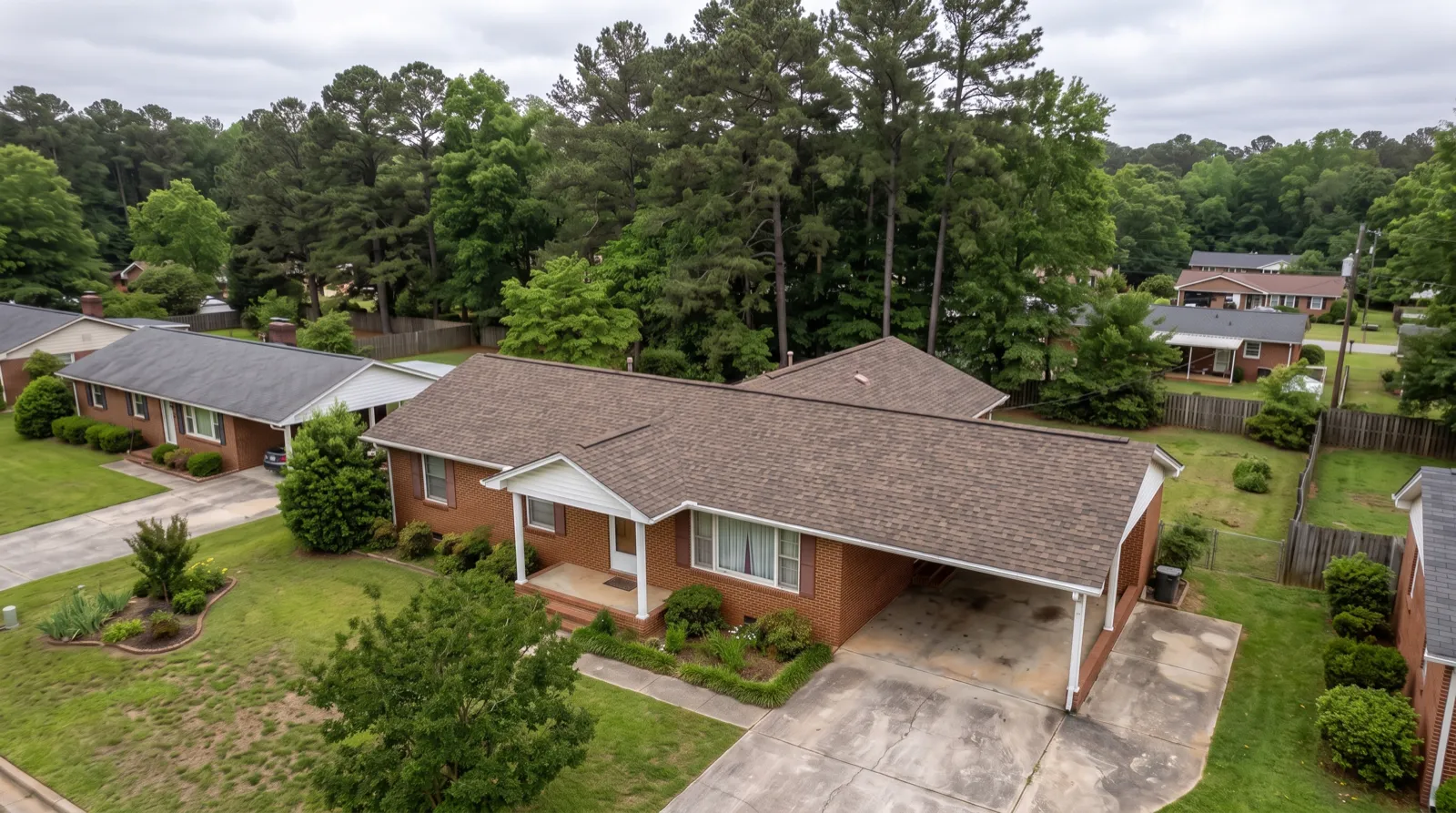 The same brick ranch from the same drone position after replacement, with a new weathered-wood brown architectural shingle roof