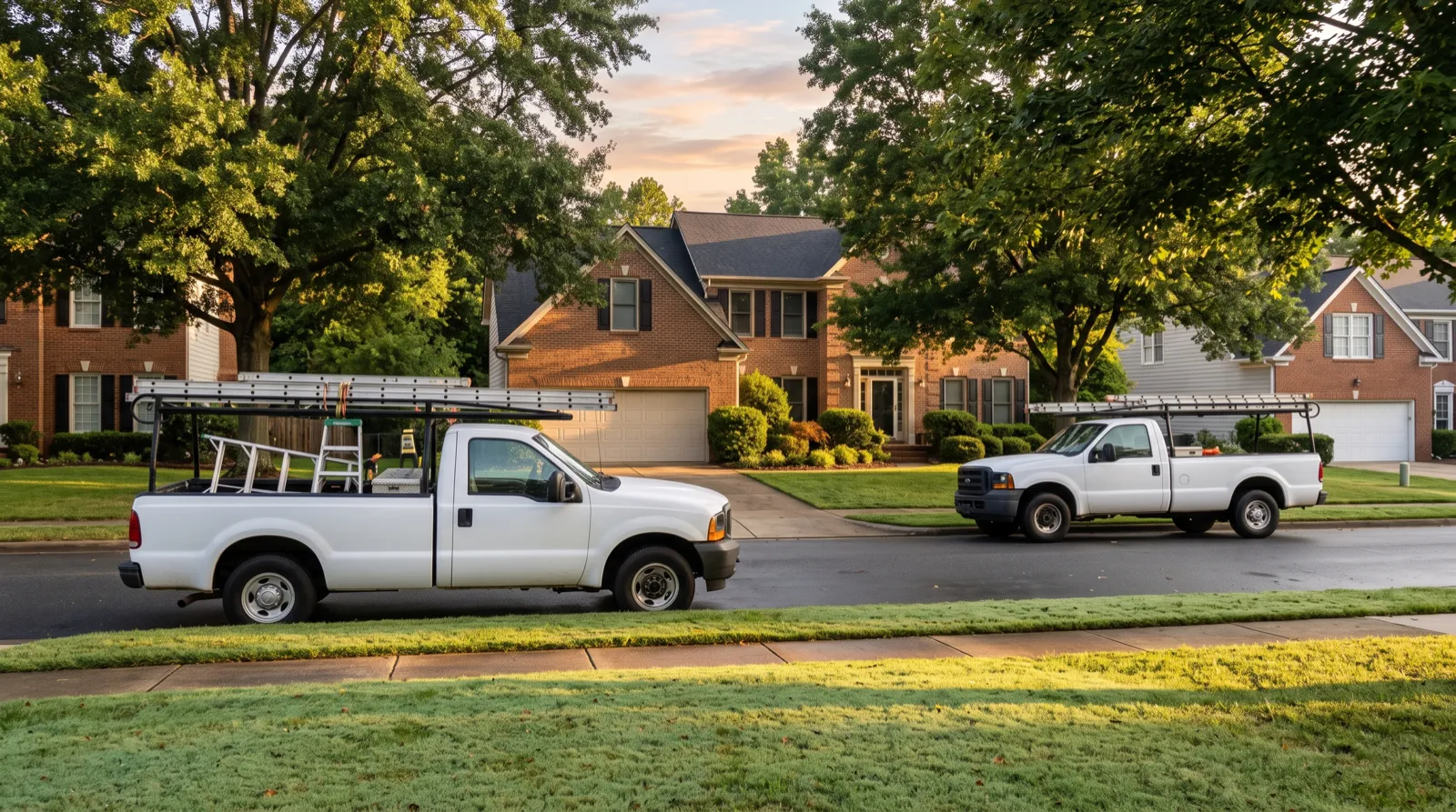 Two unmarked work trucks with ladder racks parked outside a Charlotte home at sunrise
