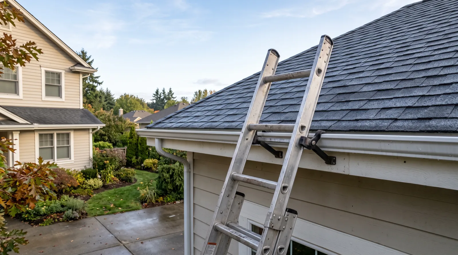 An extension ladder with a standoff stabiliser resting at the gutter line of a house in early morning light