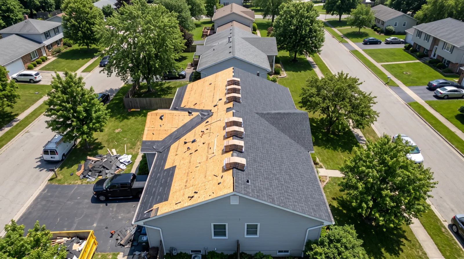 A house mid-replacement, half stripped to bare decking with underlayment down and half covered in new architectural shingles