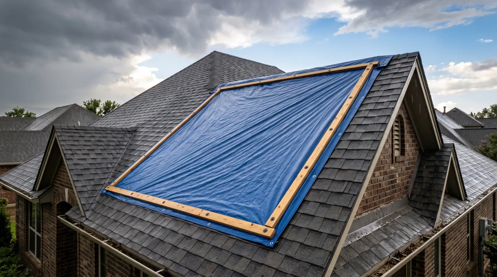 A heavy blue emergency tarp battened down with timber strips over a damaged section of a shingle roof