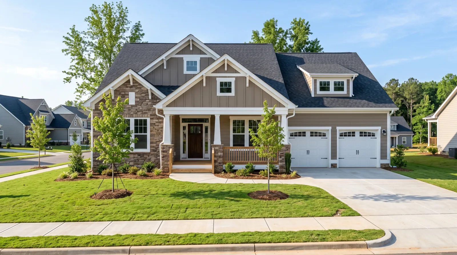 A new-construction craftsman home with fresh sod and a brand new charcoal shingle roof in Fort Mill, South Carolina