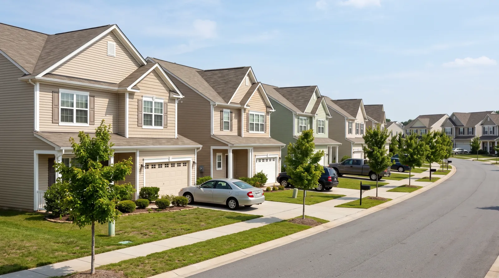 Mid-2000s vinyl-sided two-storey homes set close together in an Indian Trail subdivision