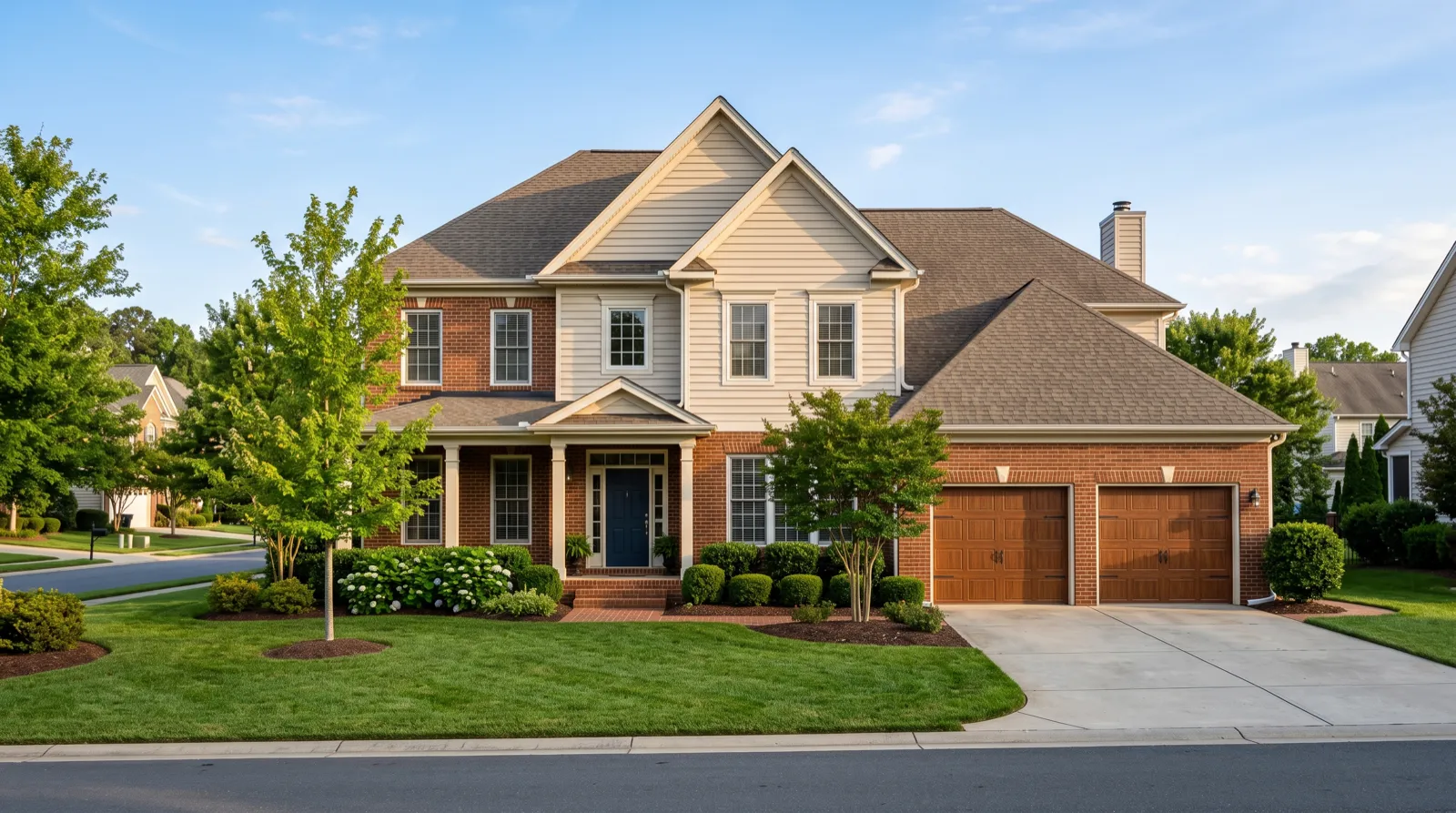 A two-storey brick and vinyl family home with a hipped shingle roof in a Matthews subdivision