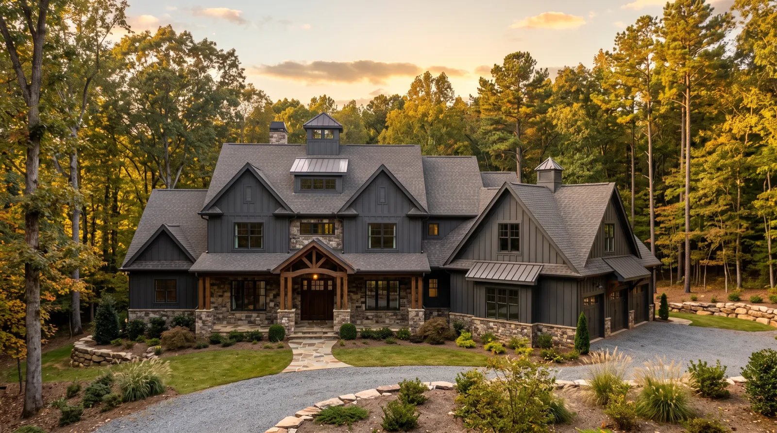 A large home with a complex multi-gabled roofline on a wooded acre lot near Waxhaw